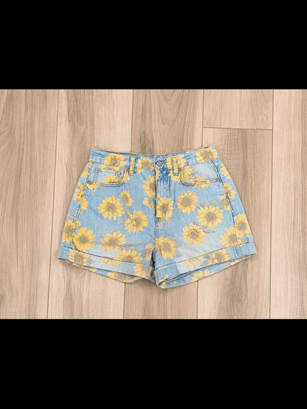 American Eagle Outfitters Sunflower Print Denim Shorts - Light Blue and Yellow